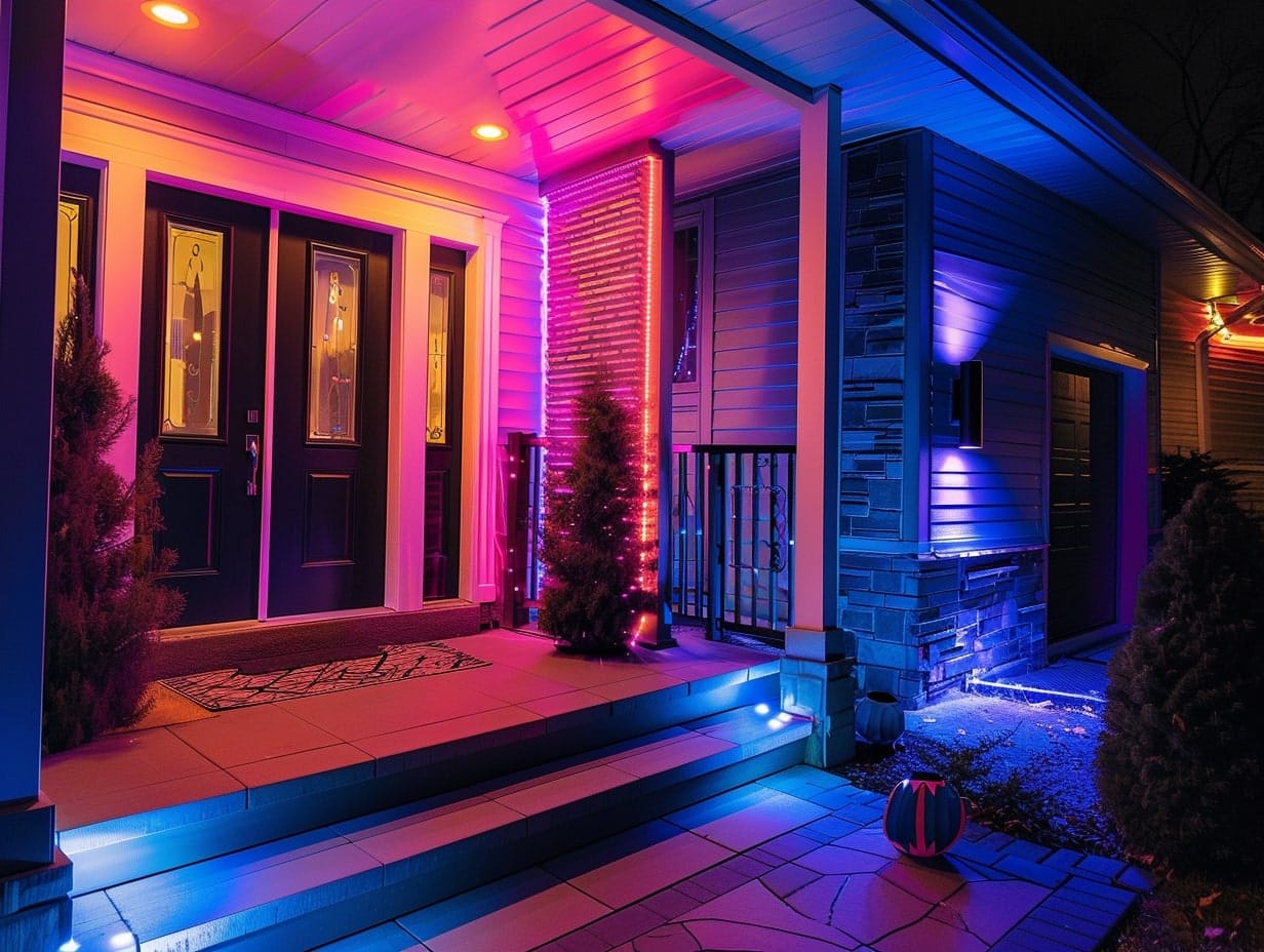 Smart LED lights installed in a porch area to create a colorful look