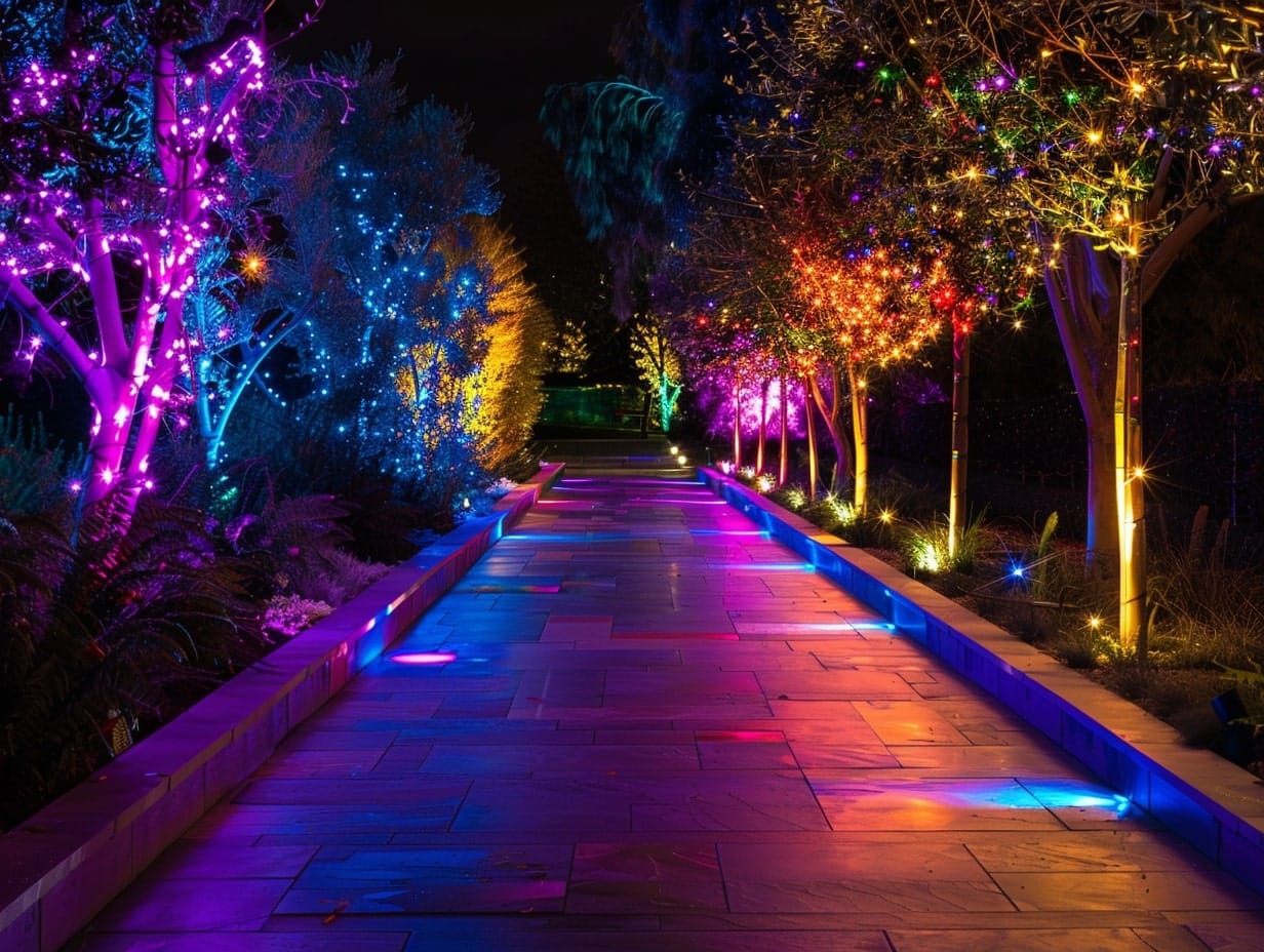 Multicolor smart LED lights illuminating a garden pathway