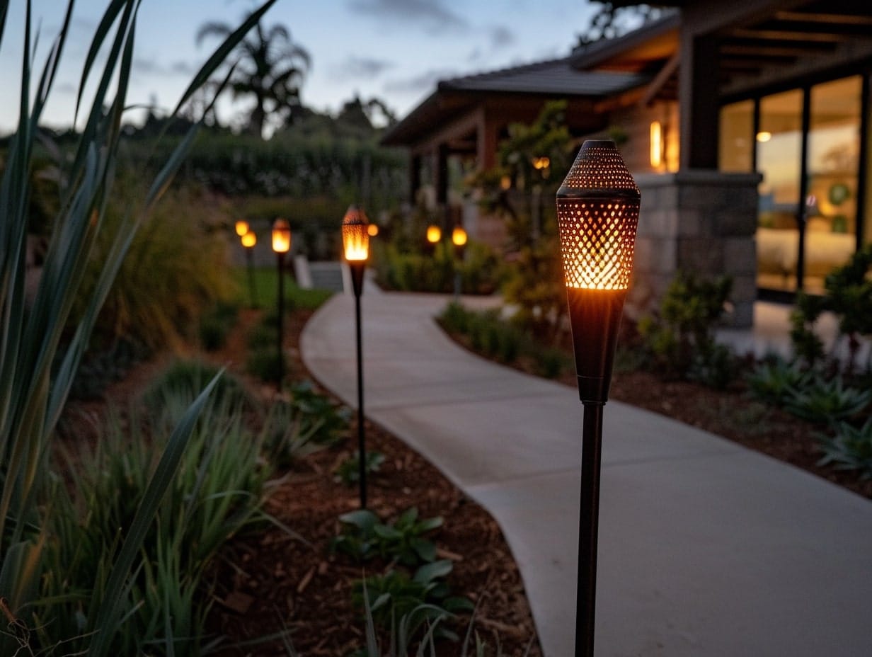 Solar tiki torches installed along a backyard walkway