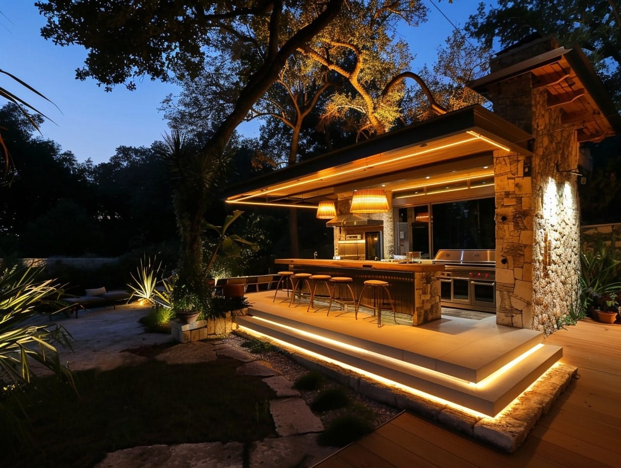 The staircase of an outdoor kitchen illuminated with LED strip lights