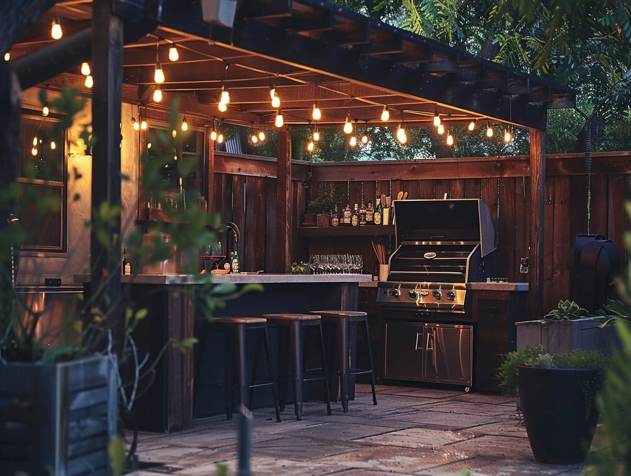 String lights with bulbs hanging from a pergola roof covering an outdoor kitchen