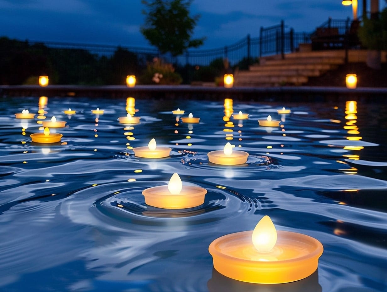 LED tealight candles floating on a pool surface