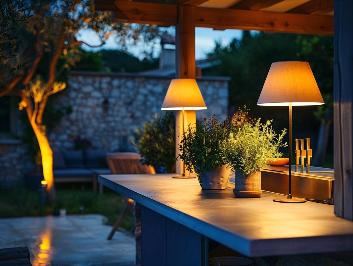 Table lamps placed on the counter of an outdoor kitchen