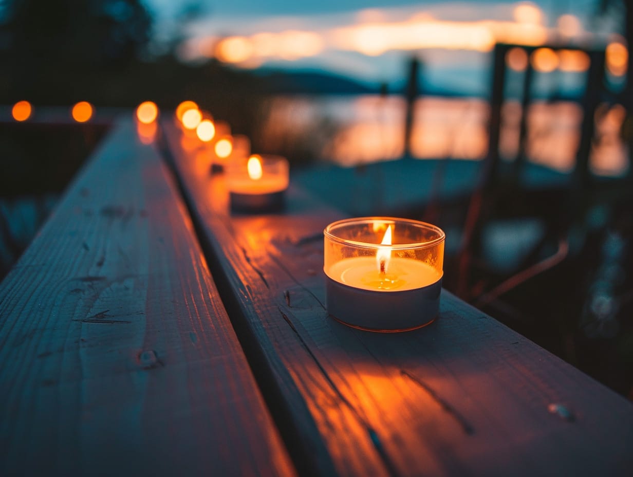 Tealight candles decorating a deck boundary