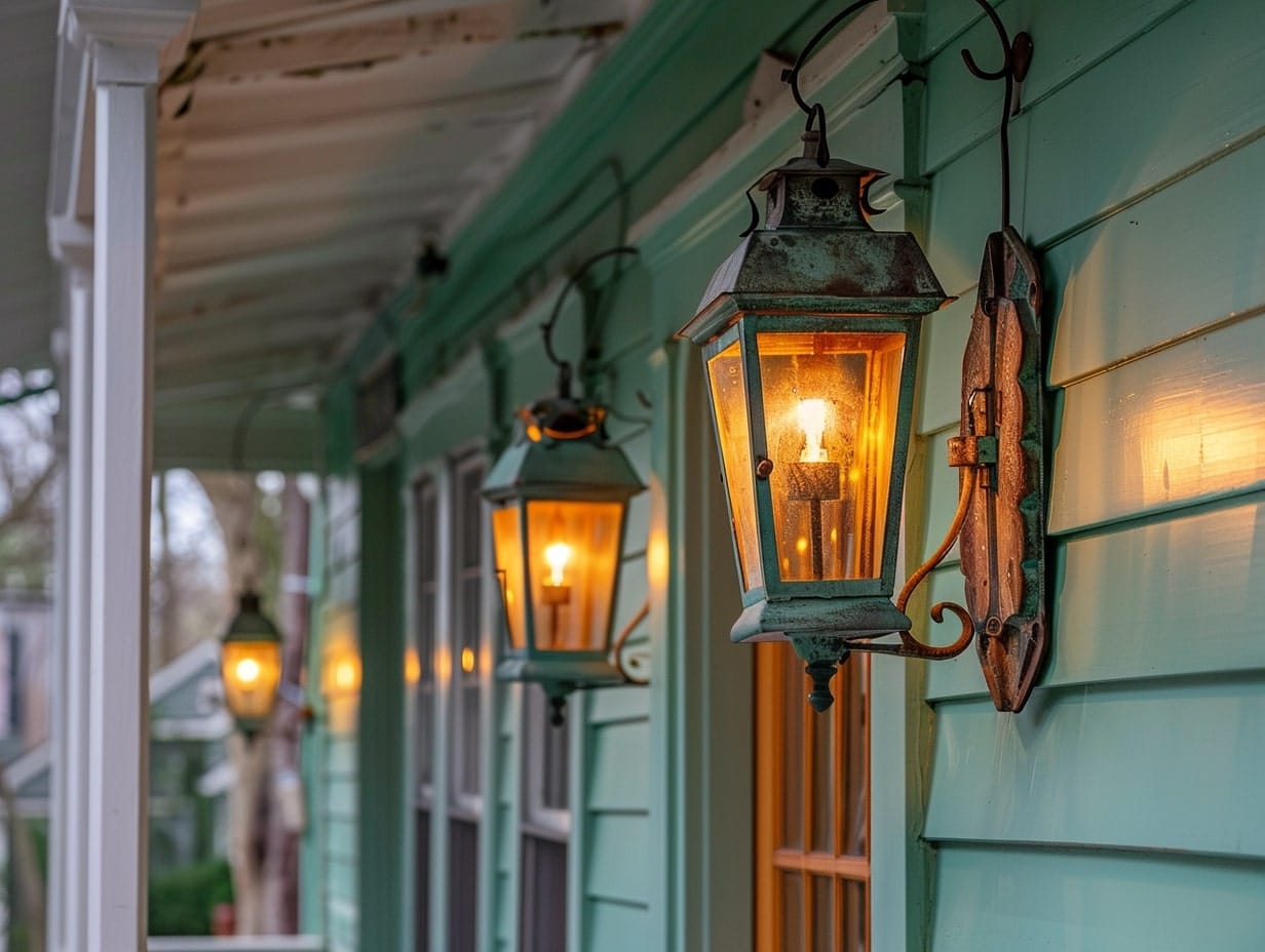Traditional lanterns mounted on front porch walls