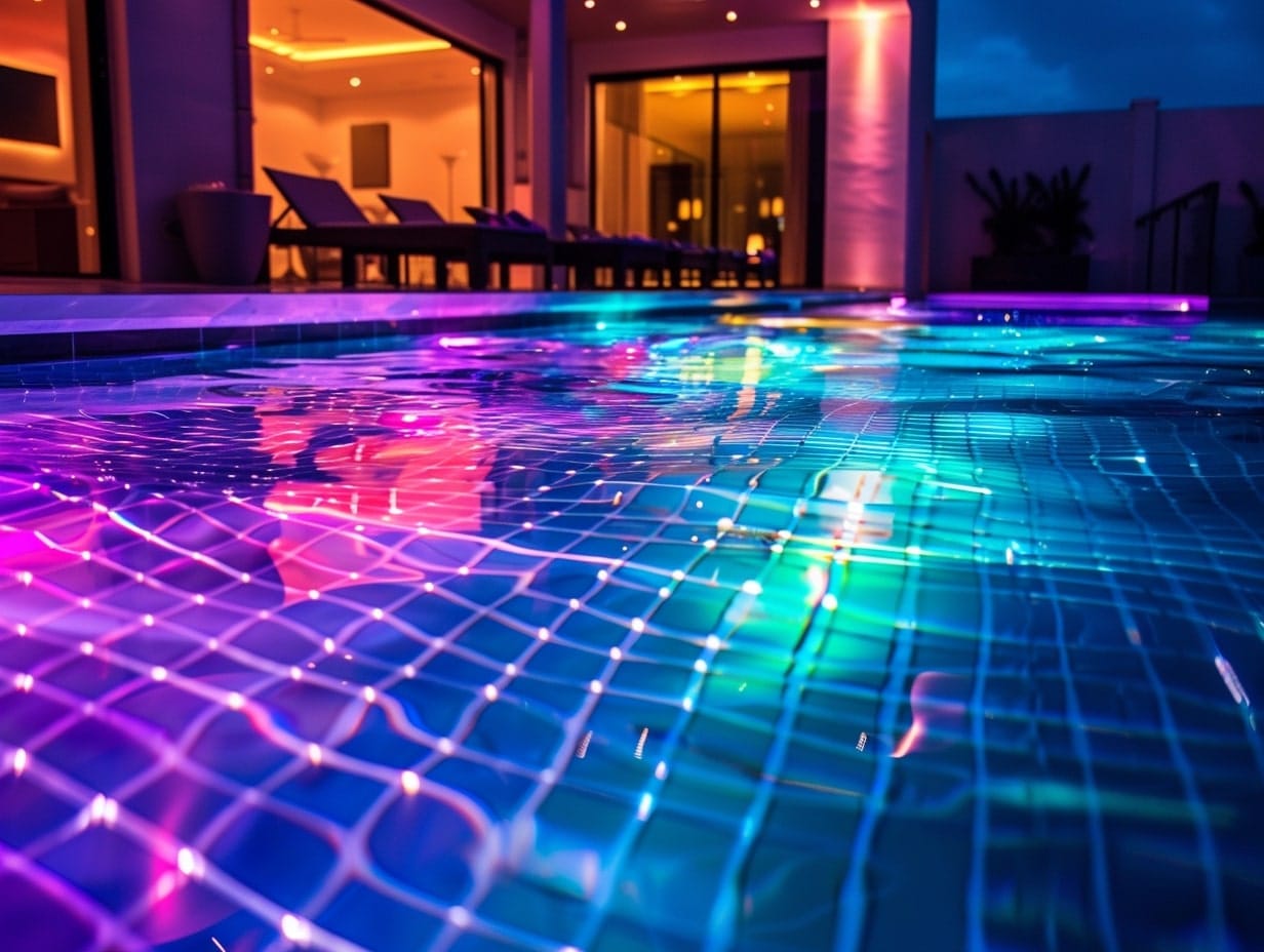 Multicolor underwater smart LED lights illuminating an outdoor pool 