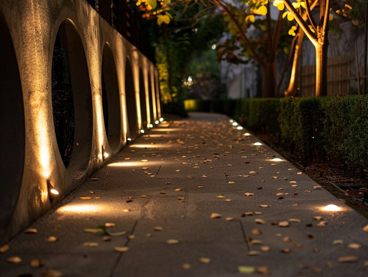 LED spotlights producing the uplighting effect to highlight architectural elements alongside a backyard pathway 