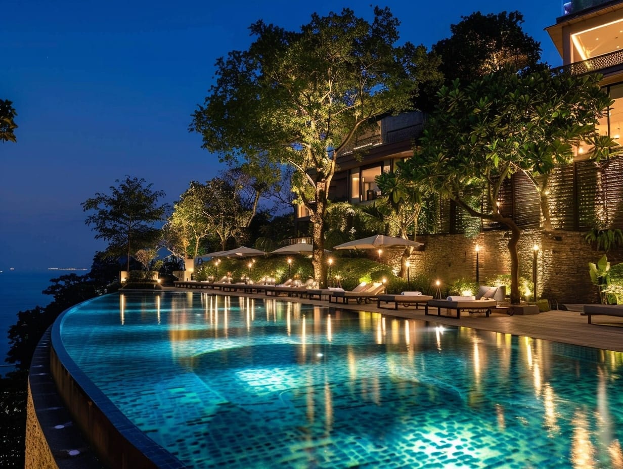 Poolside trees and architectural features illuminated using uplights