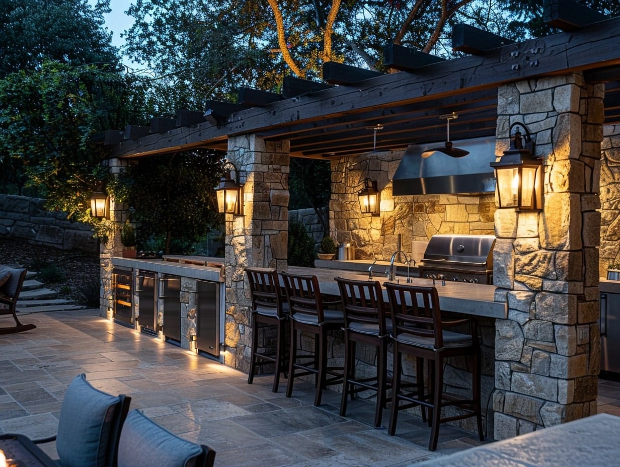 Traditional wall sconces installed on outdoor kitchen walls