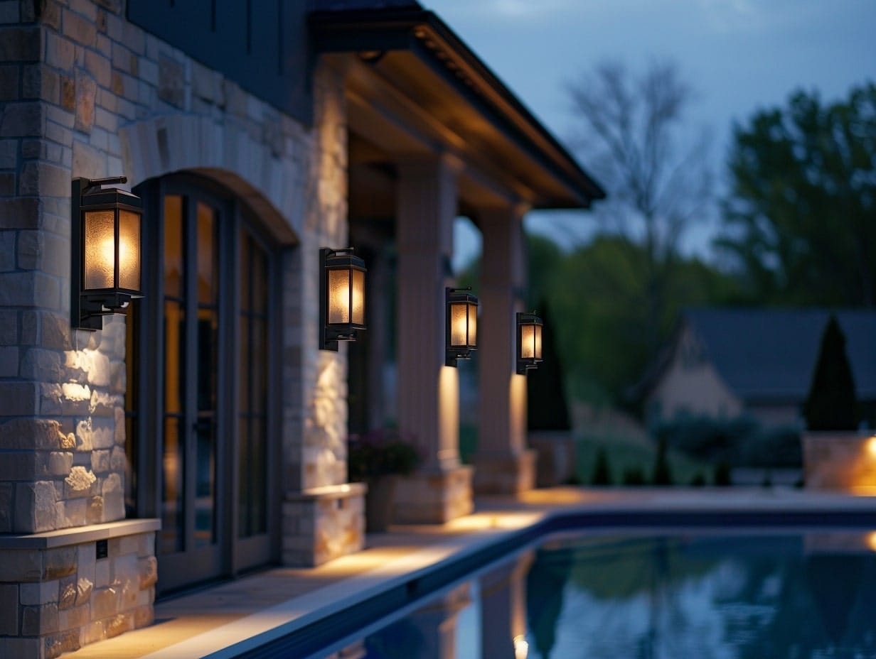 Modern wall sconces installed on poolside walls