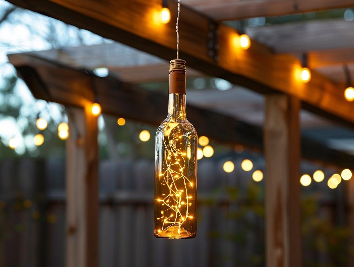 A wine bottle light hanging from a pergola's beam