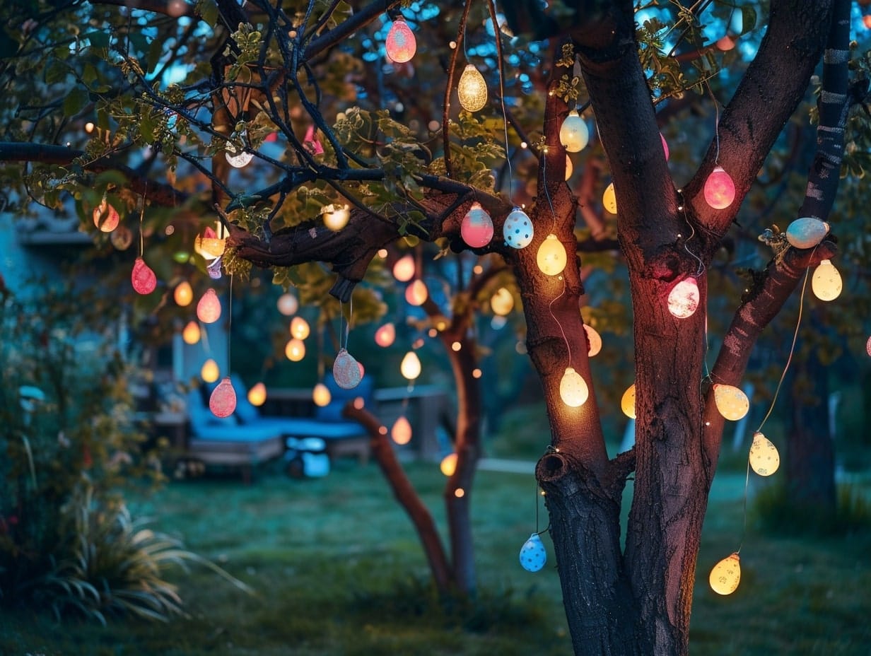 Egg-shaped Easter string lights wrapped around tree branches and trunk