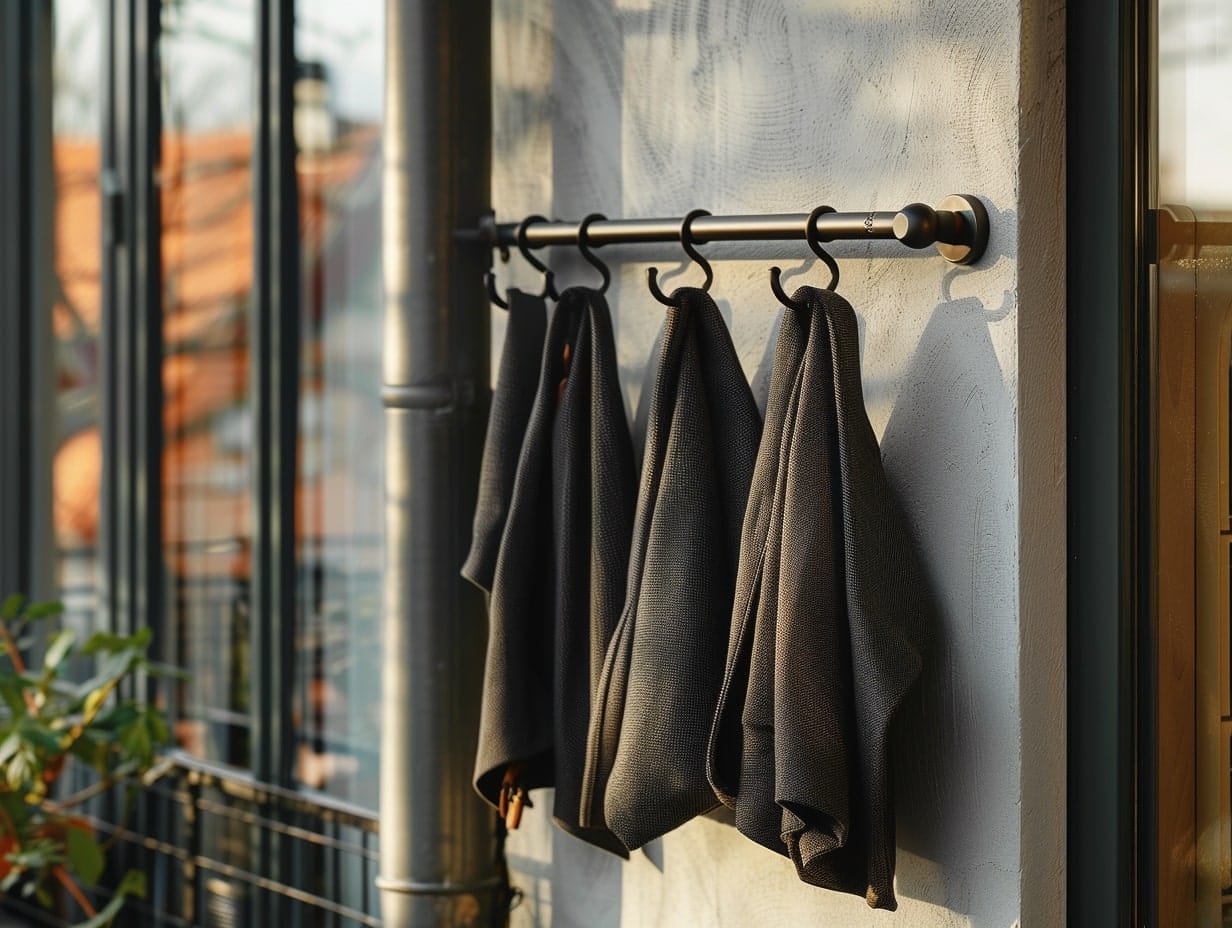 Clothes hanging on adhesive hooks in a small balcony
