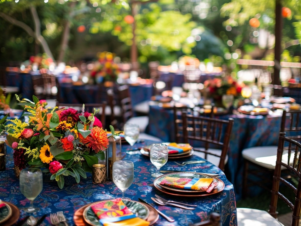 An all-color garden wedding setup with colorful flowers and tableware