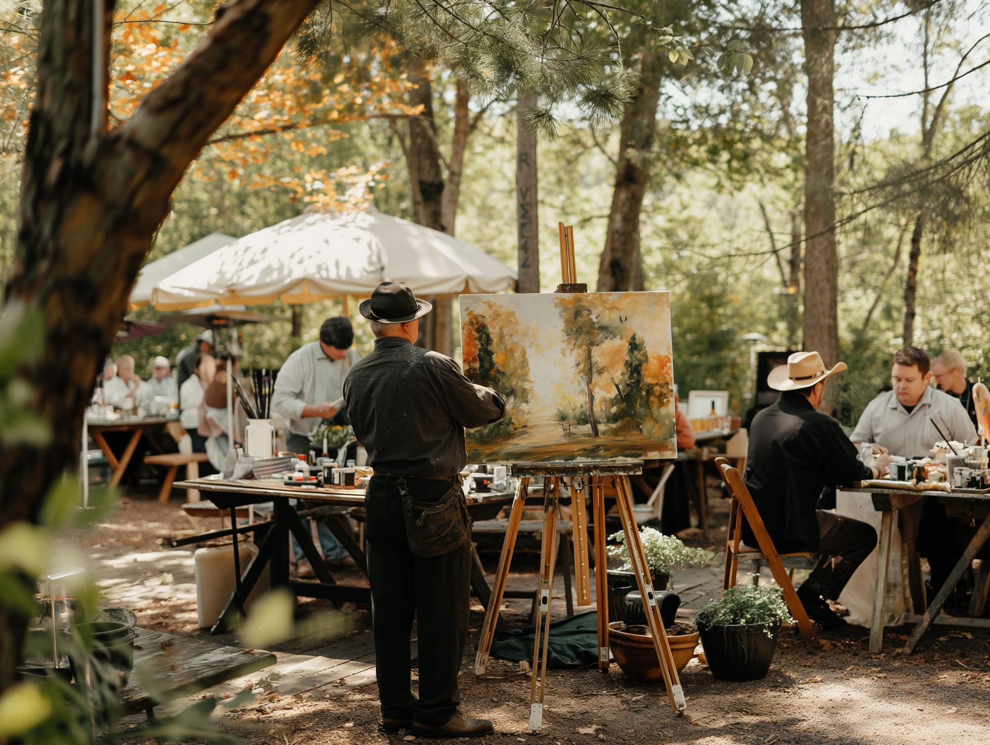 An artsy garden wedding setup with a painter 