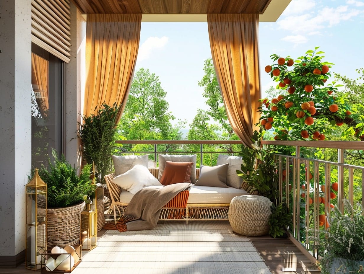 Cushions, curtains, and rugs decorating a small balcony