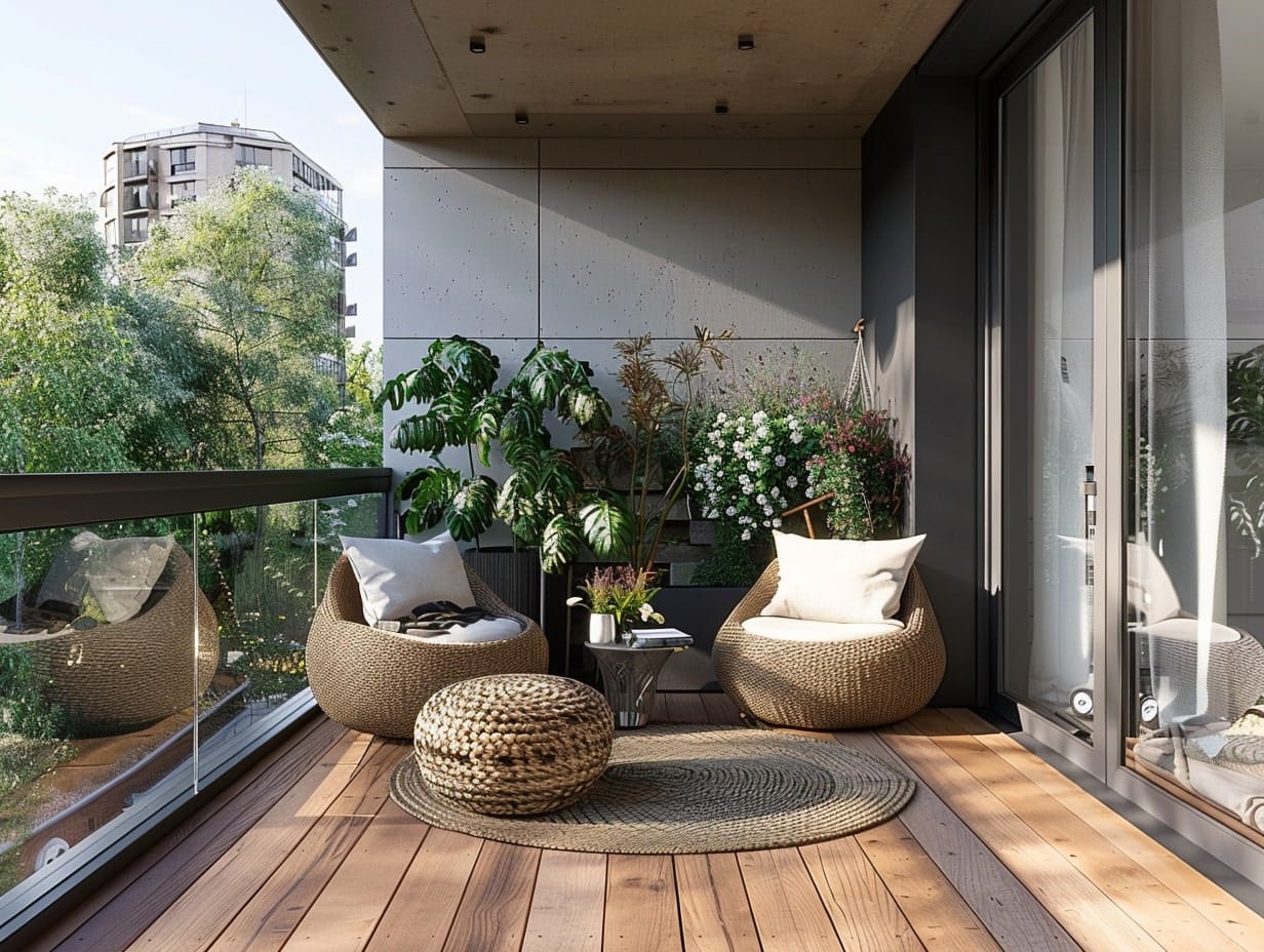 A small balcony with stackable furniture to save space