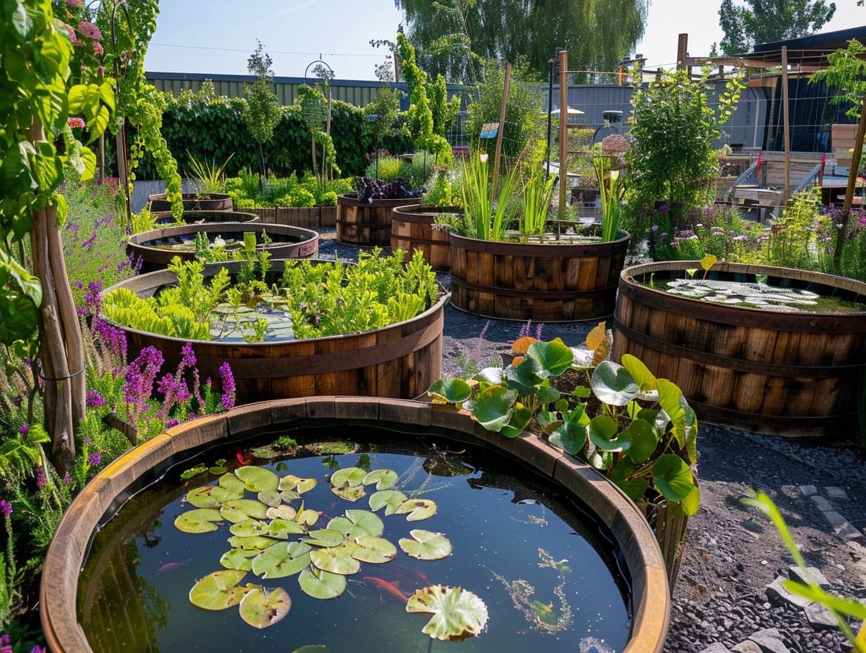 Multiple small barrel pond gardens in a backyard