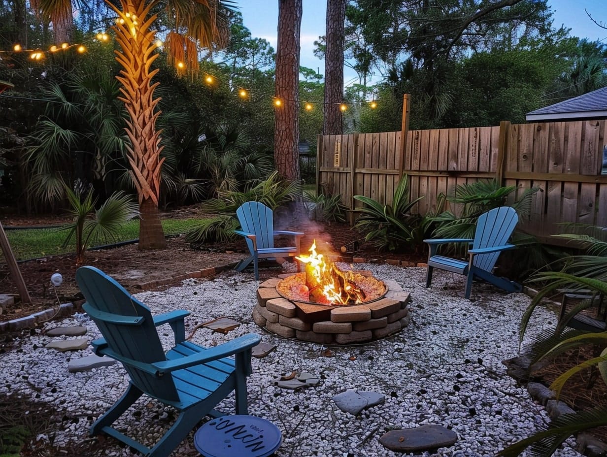 A beach-themed fire pit in a backyard