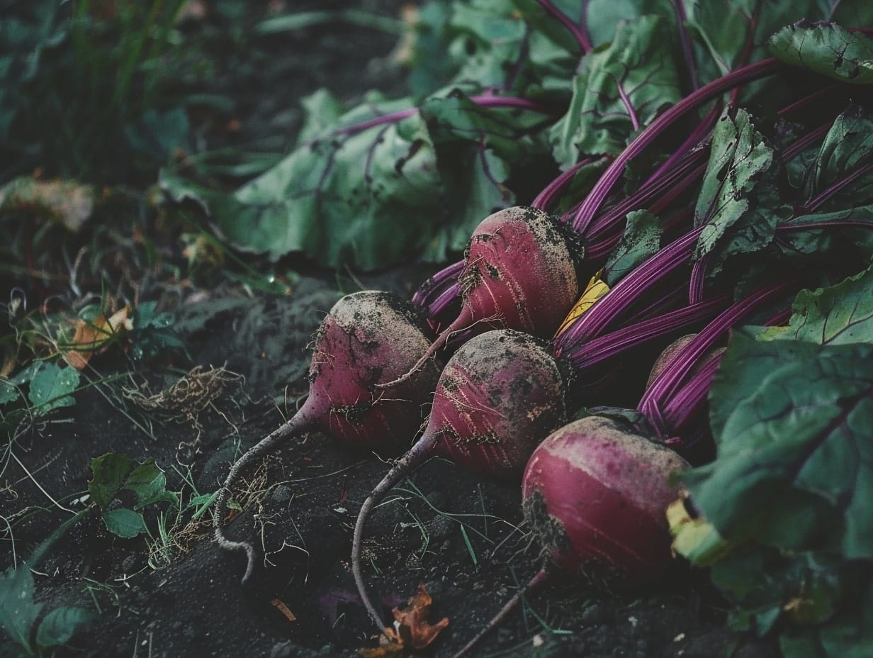 Beetroots placed on a garden floor