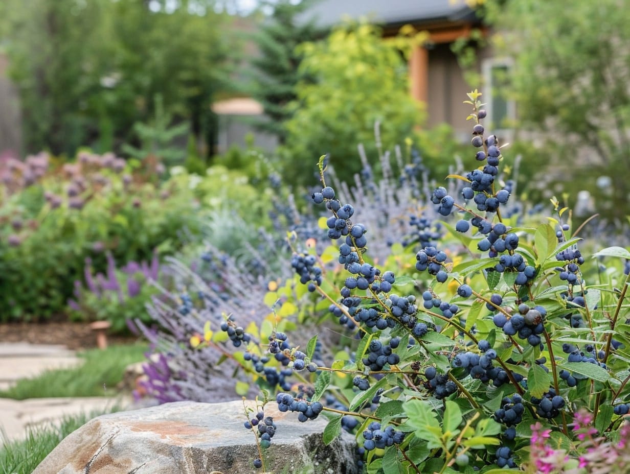 A blueberry plant growing in a garden