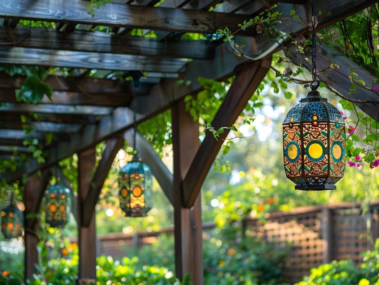 Moroccan lanterns hanging from a wooden pergola's lattice