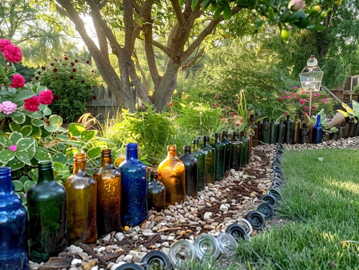 A garden edging created using glass bottles