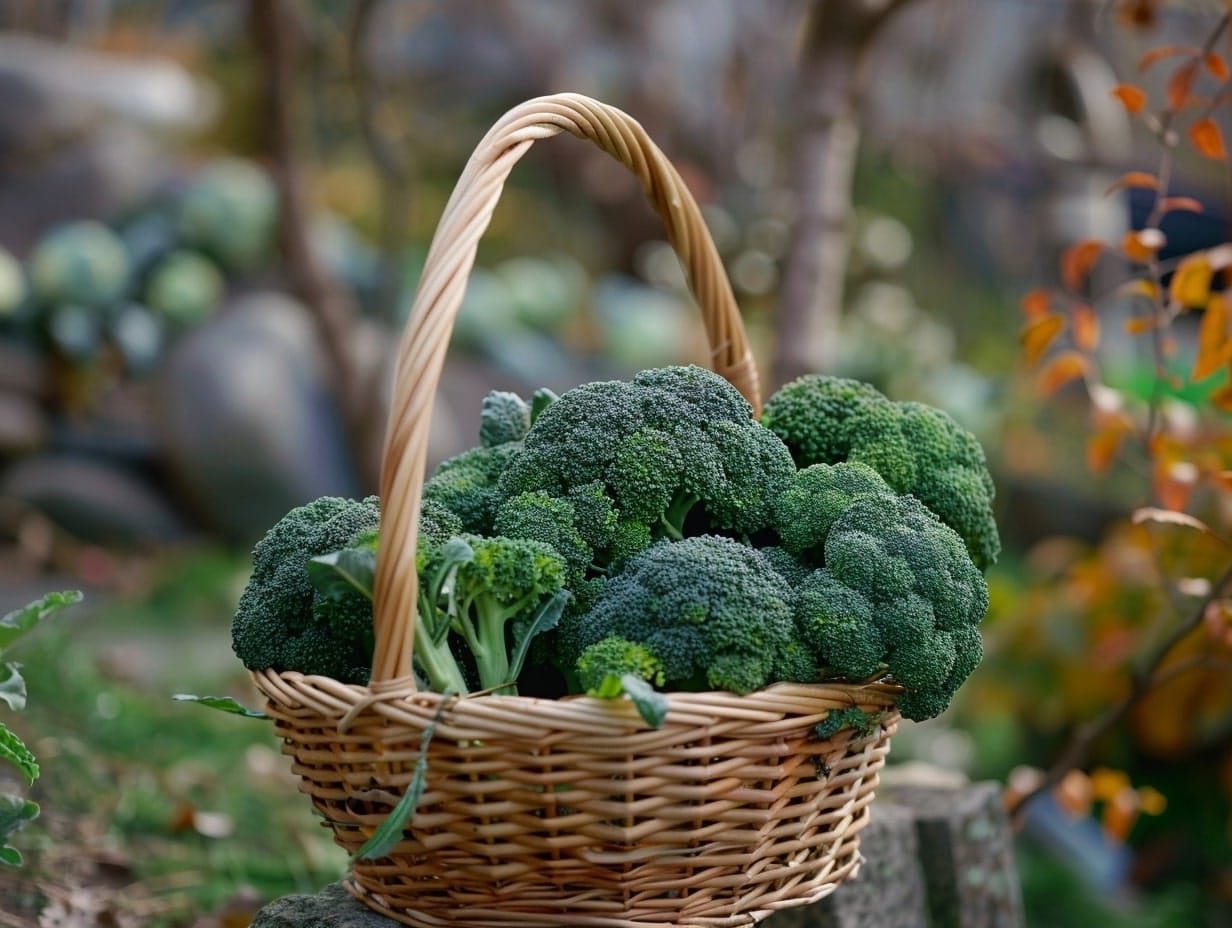 Broccolis placed in a wooden basket 