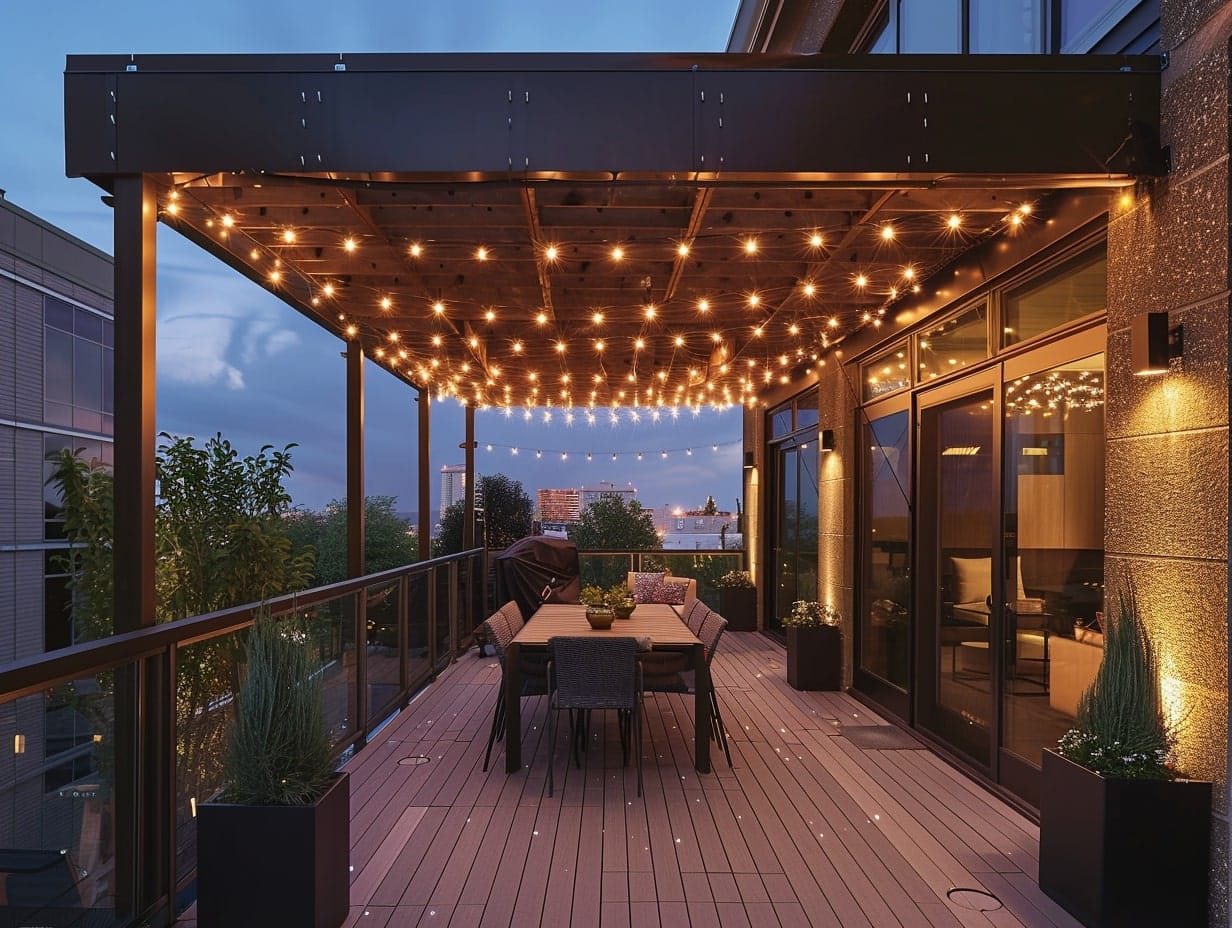A canopy of festoon lights creating a beautiful ambience in a balcony