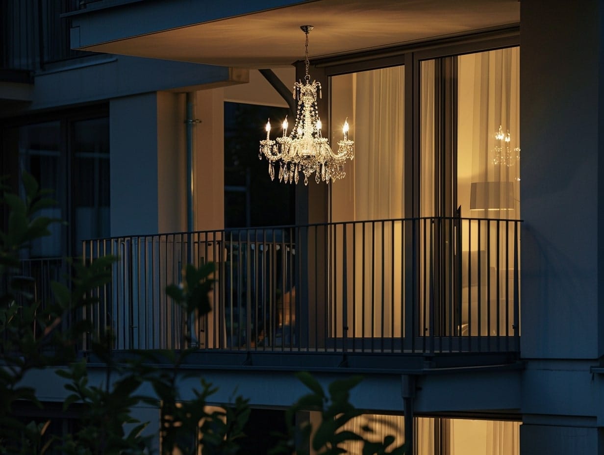 A crystal chandelier hanging from the roof of a small balcony