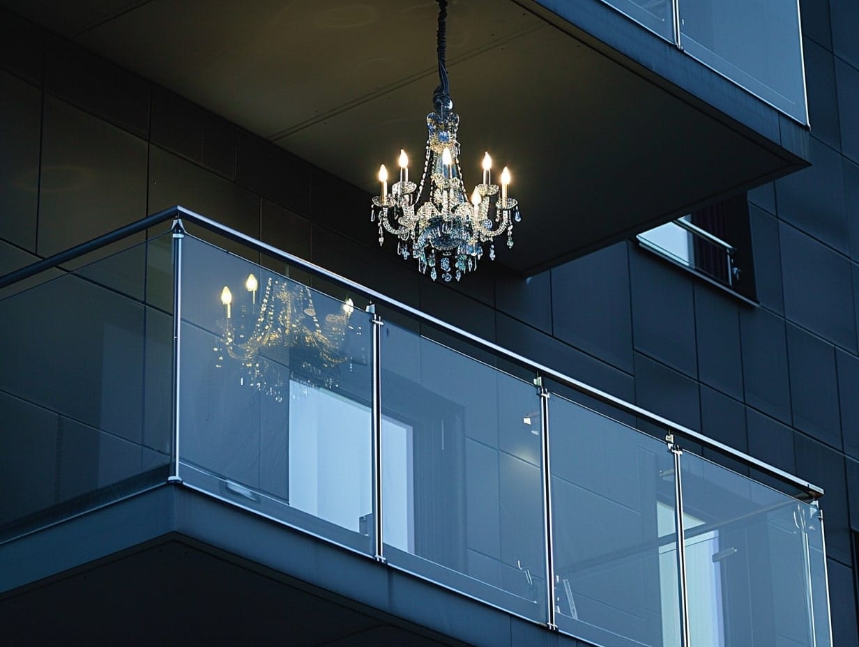 A crystal chandelier hanging from a balcony ceiling