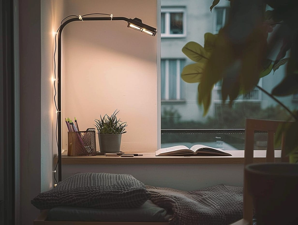 A clip-on light used to illuminate a reading corner in a balcony
