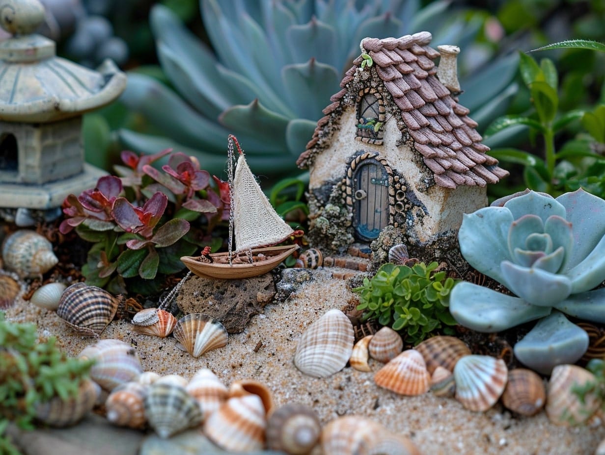 A fairy house surrounded by shells, sand and a tiny sailboat