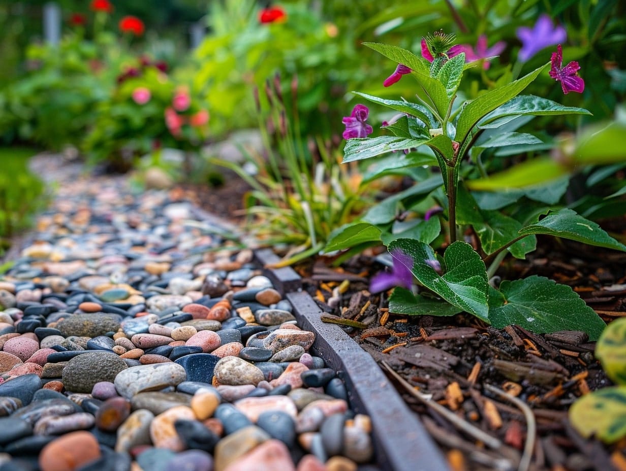 A garden border made from colored pebbles
