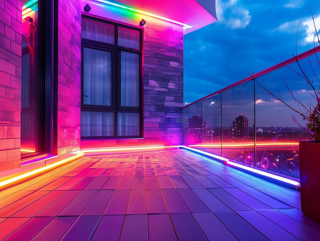 Colorful LED lights illuminating a balcony's floor and walls