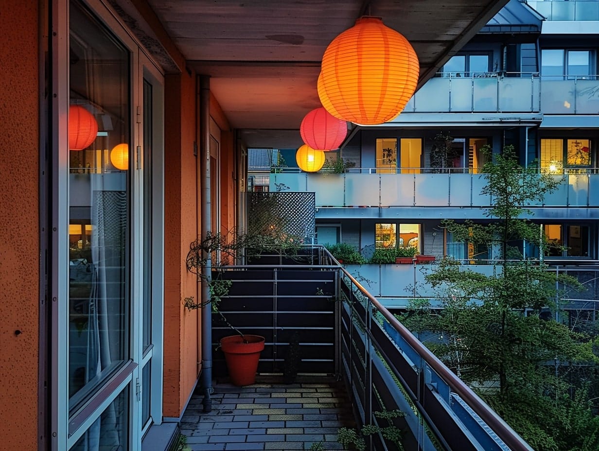 Colorful paper lanterns hanging from the ceiling of a balcony