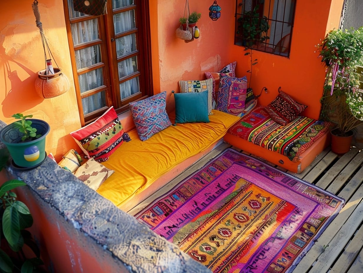 Multicolor rugs decorating an apartment's small balcony