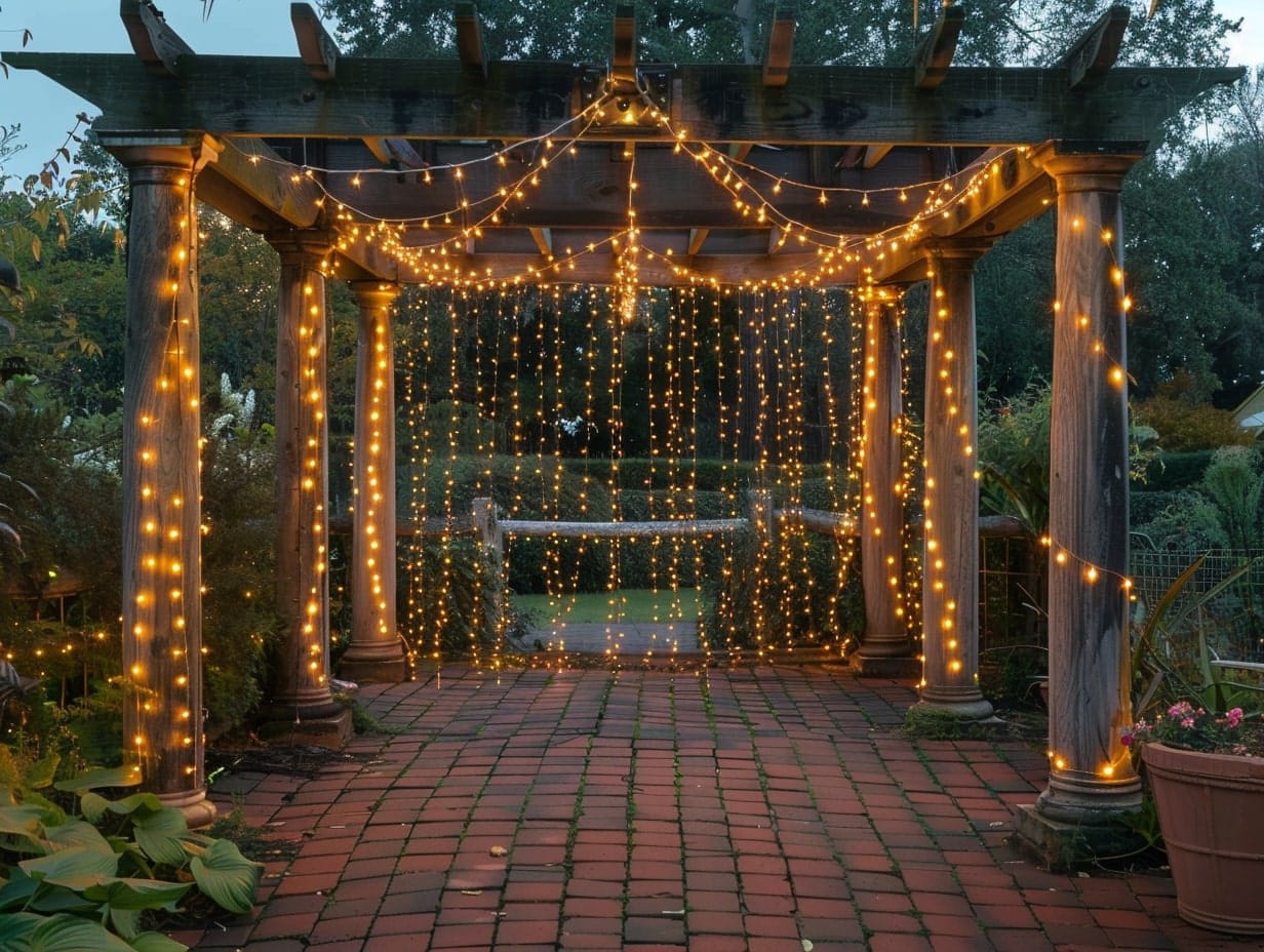 Curtain lights hanging from a wooden pergola's lattice