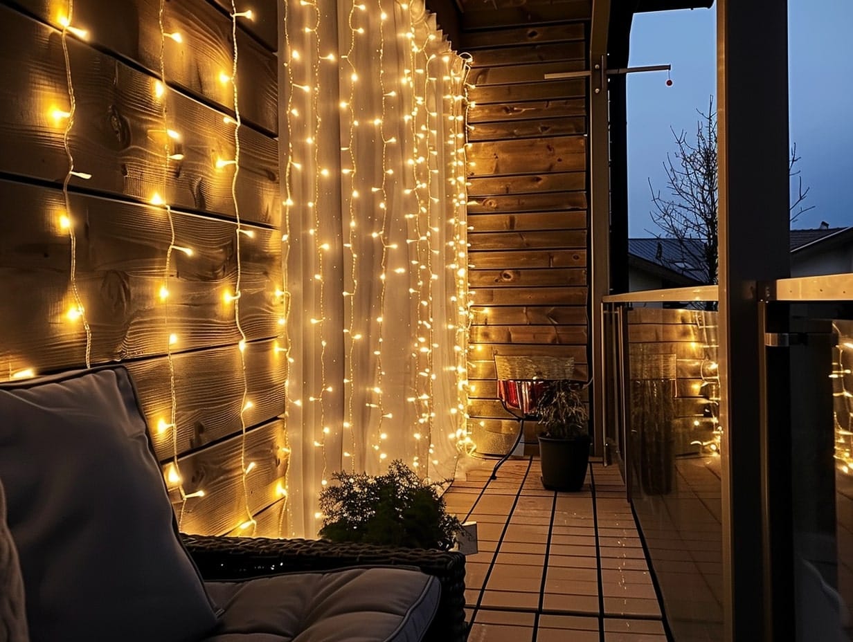 Curtain lights hanging on a balcony's wall