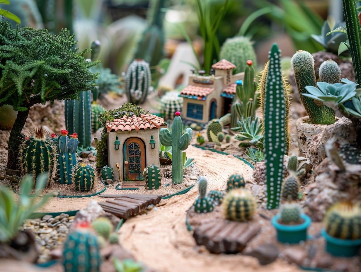 A desert-themed fairy garden with cacti and sand