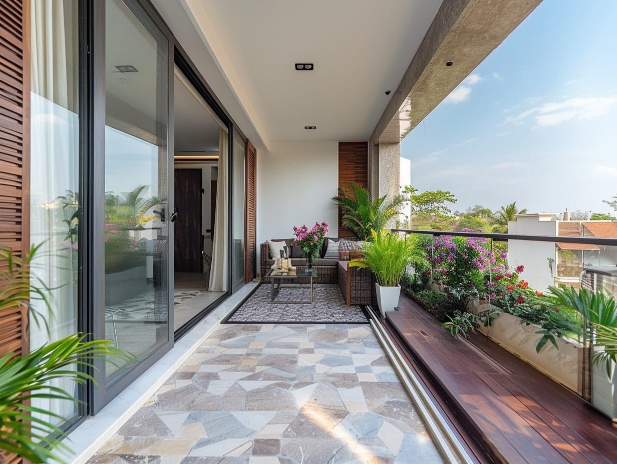 Designer tiles used to enhance the aesthetics of a small balcony