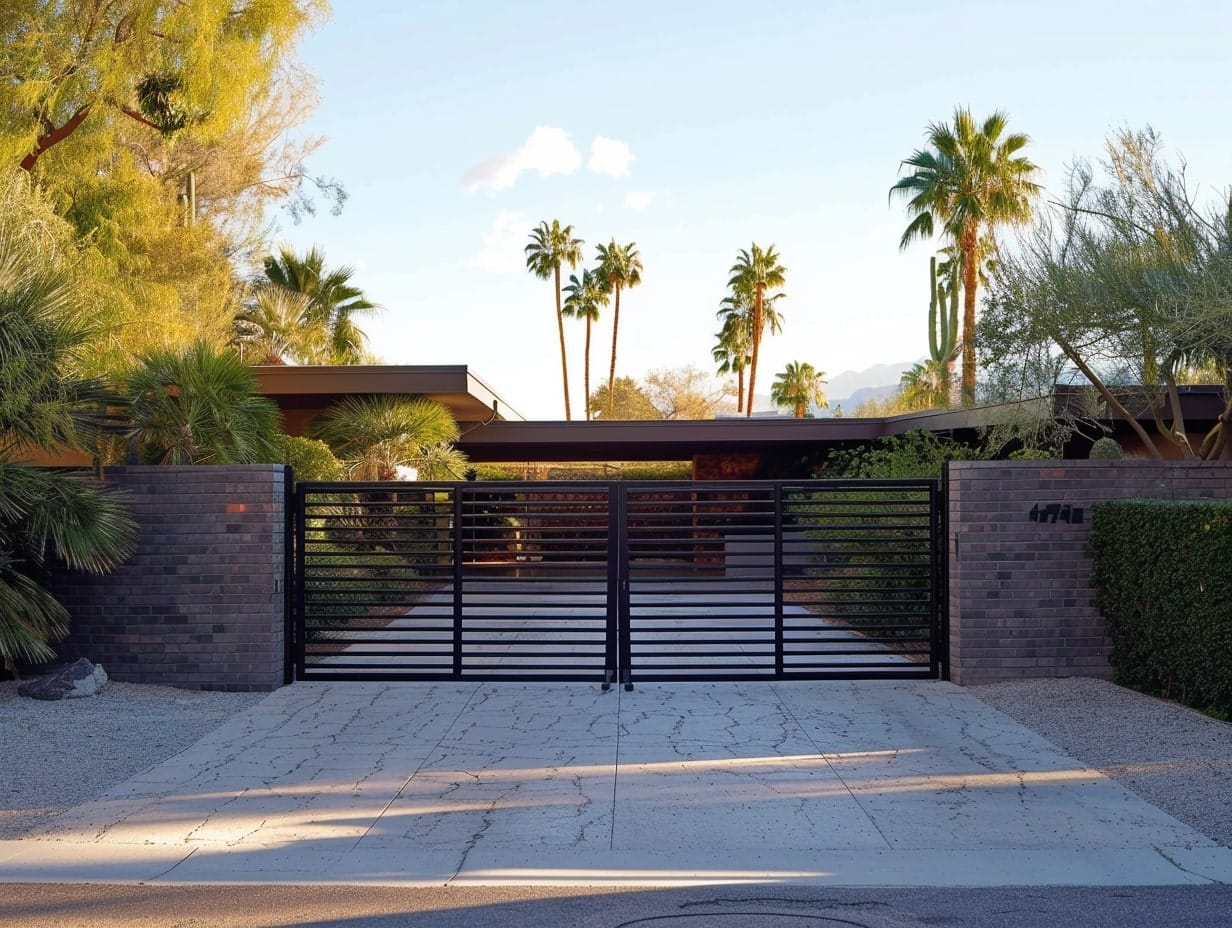 A driveway with a gated entrance