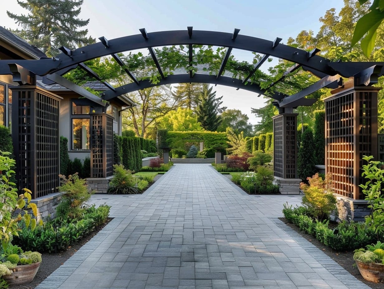 A driveway with arches above for landscaping