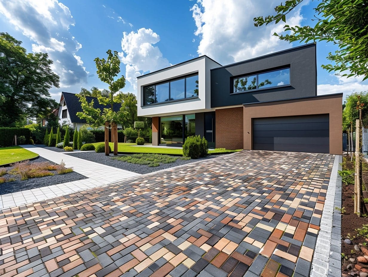 A colorful driveway pavement with bricks of different colors