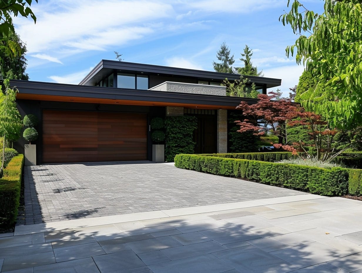 A driveway with hedges on both sides