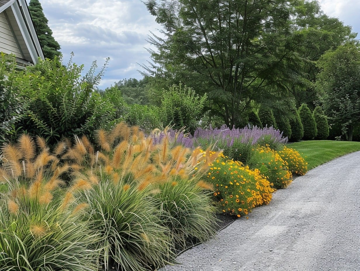 The layered planting technique used to decorate a driveway