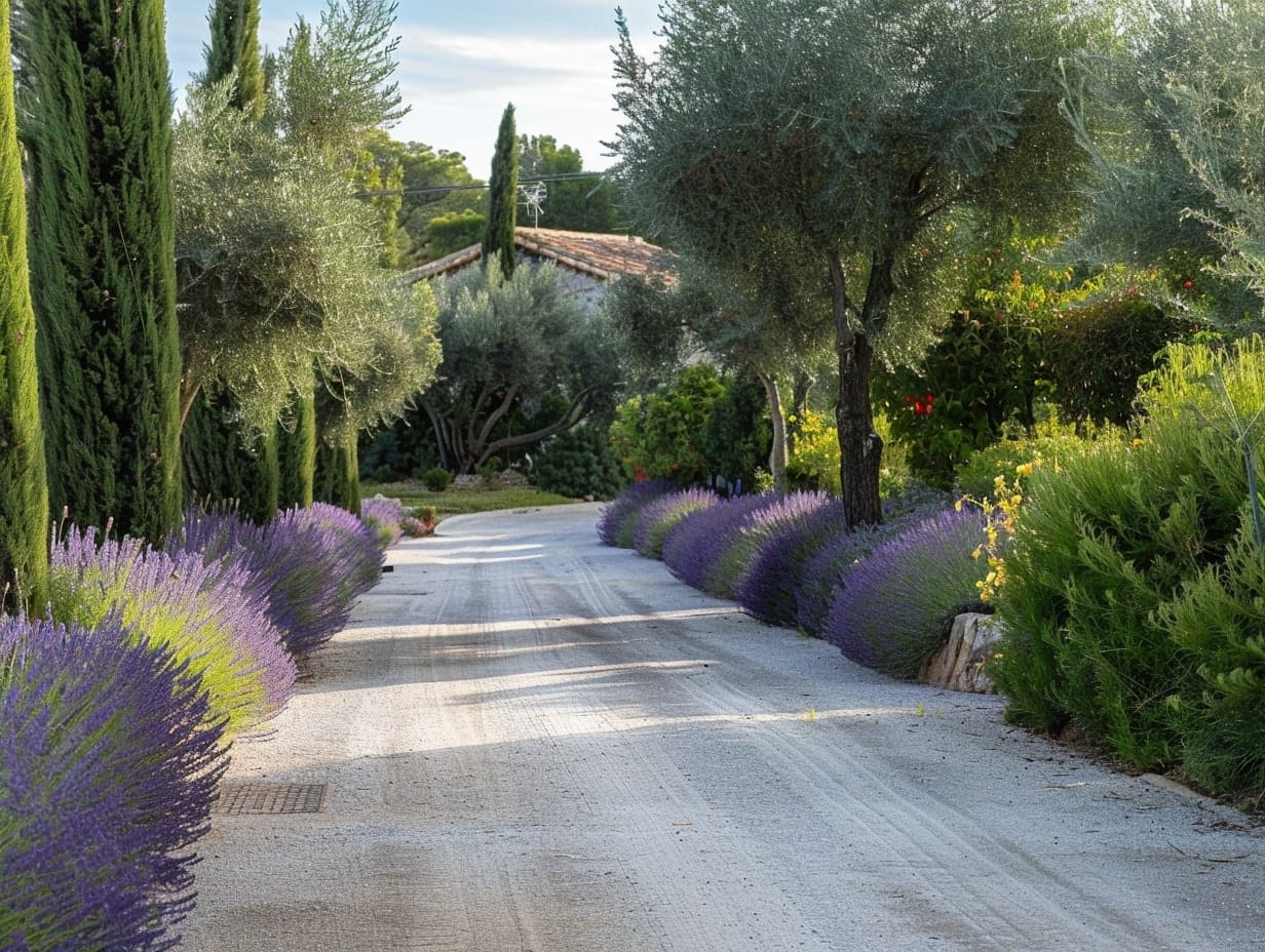 A driveway with beautiful lavender plants on both sides