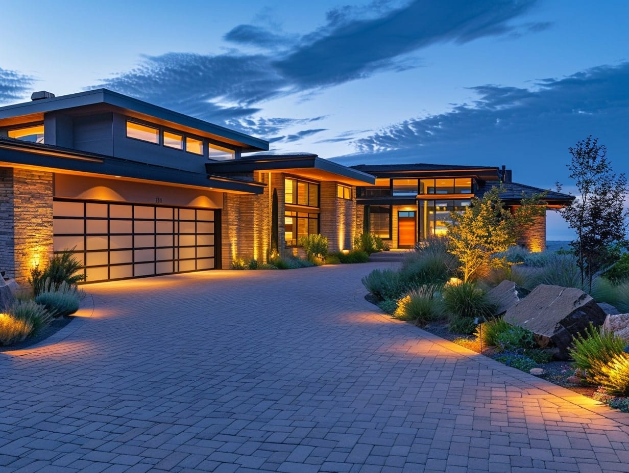 A driveway with landscape lighting in the evening time