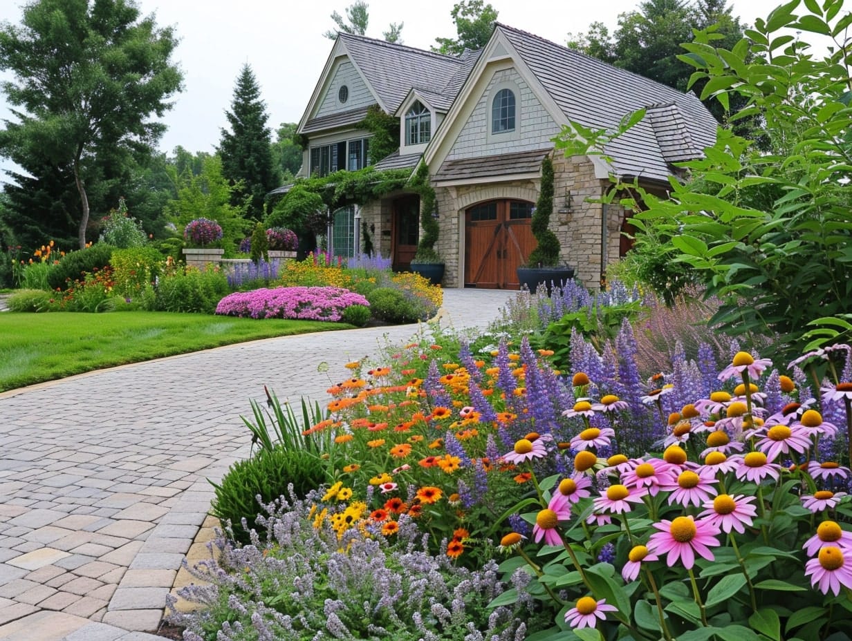 Perennials and annuals beautifying a driveway landscape