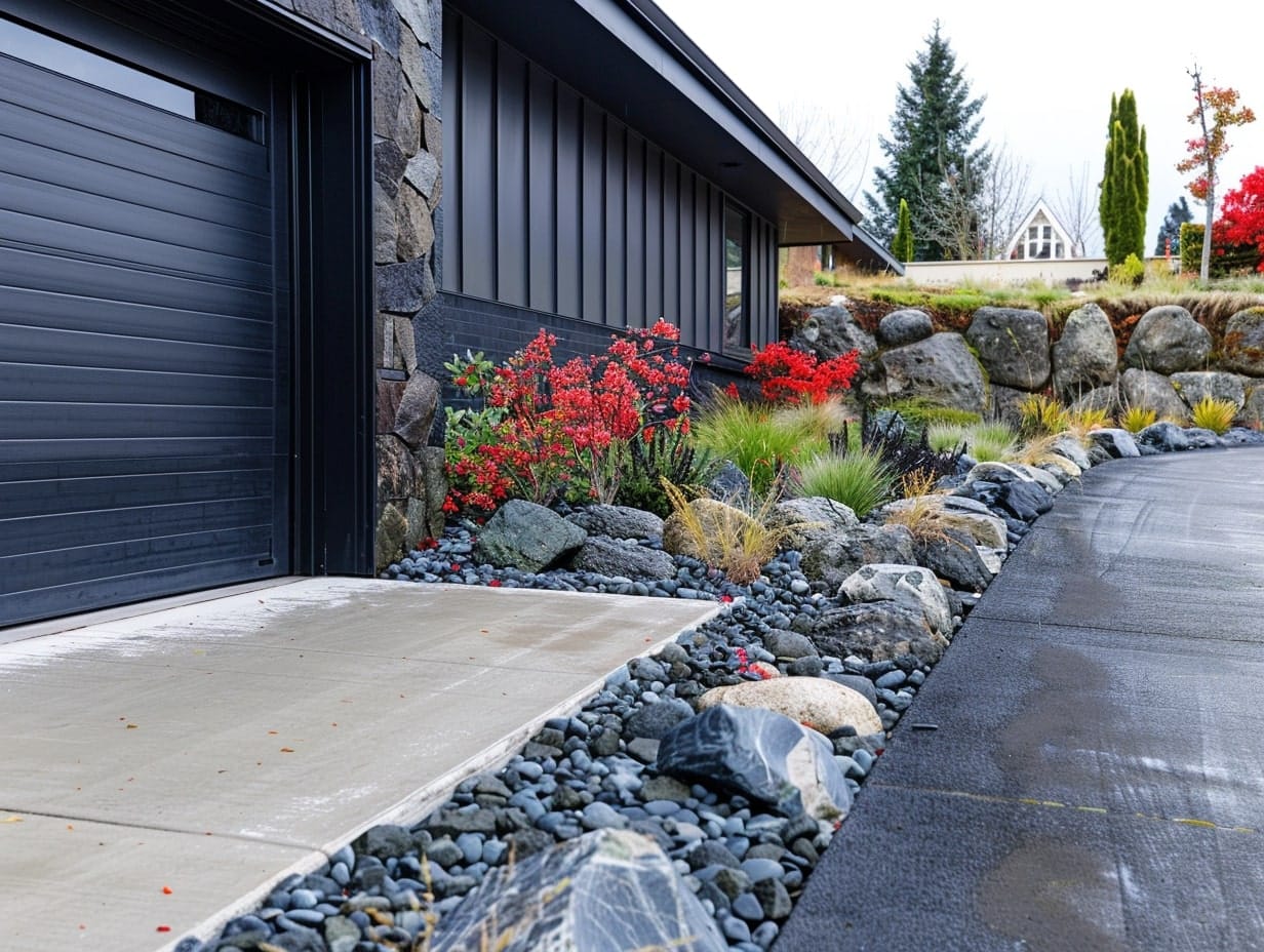 A driveway decorated with rocks of different sizes and different plant types